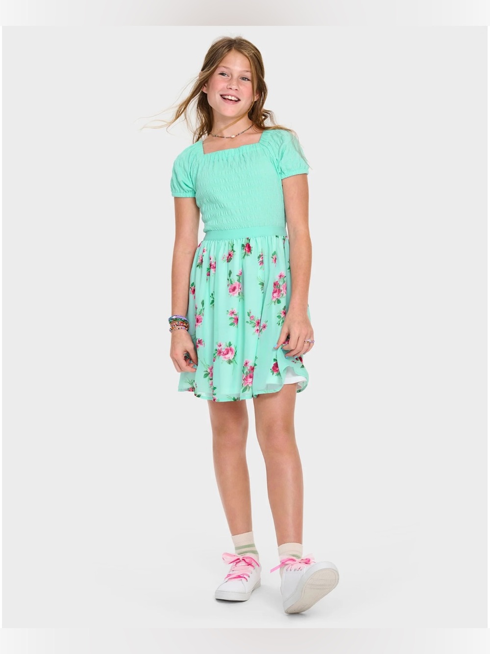 Girls Floral Smocked Fit and Flare Dress - NWT - Size M (7/8) - Color Mint Tea